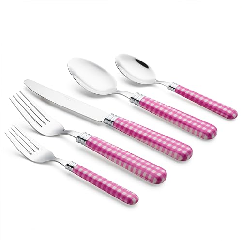 ANNOVA Silverware Set 20 Pieces Cutlery Stainless Steel Colorful Fun Handle Flatware Service for 4 - Dinner Knife, Dinner Fork, Salad fork, Dinner Spoon, Dessert Spoon (Checker Pink, 20 Pieces) - color: Checker Pink