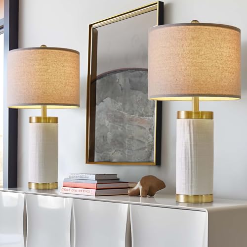 USumkky 24.5" Modern Ceramic White Bedside Lamp for Bedroom Decor Farmhouse Table Lamp for Living Room Office Dorm - color: ‏‏Off-White
