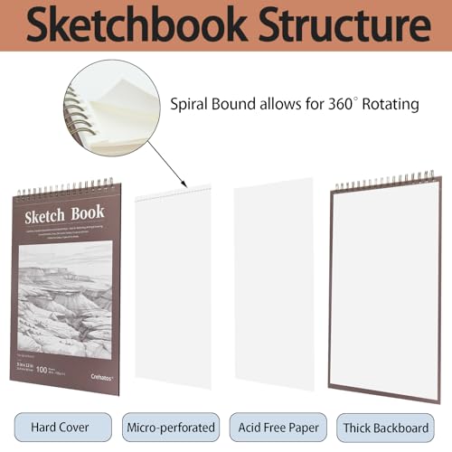 Crehatos 9" x 12" Sketch Book, Top Spiral Bound Sketch Pad, 100 Sheets 68lb/100gsm Drawing Paper, 1 Pack - size: 9" x 12" (1 Pack)