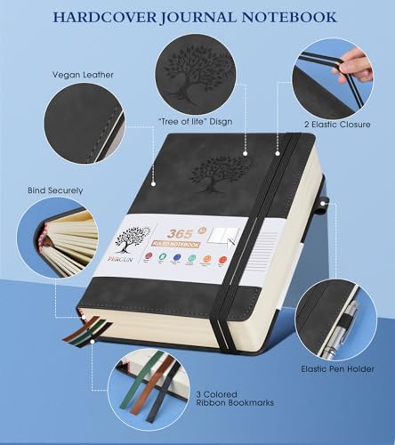 A5 Lined Journal Notebook - 365 Page Leather Journals for Writing Women & Men，Hardcover Notebook with 100Gsm Thick Pages，Daily Diary for Travel, Work，School，Note Taking，College Ruled (5.9" x 8.5") - color: Black, size: A5