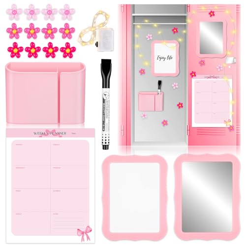 18 Pcs Locker Accessories Kit Pink Magnetic Mirror with Magnetic Pen Holder Whiteboard Cute Mini Flower Magnets and Organizing Supplies Locker Decoration for Girls School - color: Flower 1