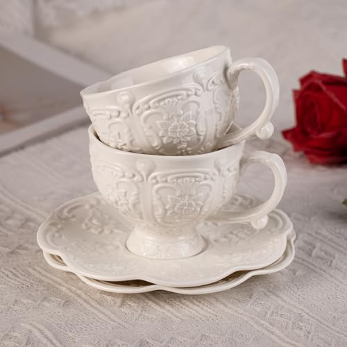 KAMMAK Tea Cups and Saucers Set of 2, 7.8 oz Porcelain Coffee Cups, 565N - size: 7KPSP565N