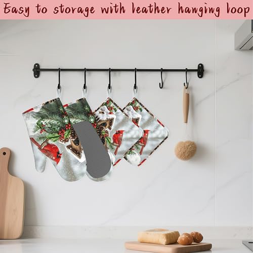 Cardinal Heat-Resistant Silicone Oven Mitts and Pot Holder 4 Piece Set,Christmas Berry Non-Slip Kitchen Oven Gloves for Baking, BBQ, Cooking,Grilling - color: Cardinal Christmas Berry