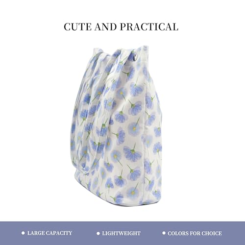Corduroy Tote Bag Cute Tote Bags for Women Shoulder Bag with Inner Pocket for Work Beach Travel and Shopping Grocery - style: Blue Purple Flower