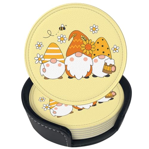 6 Pcs Leather Coasters for Drinks with Holder Sunflower Cute Bee Gnomes Coaster Sets Drink Table Cup Coasters for Kitchen Coffee Decor - color: Sunflower Bee Gnomes