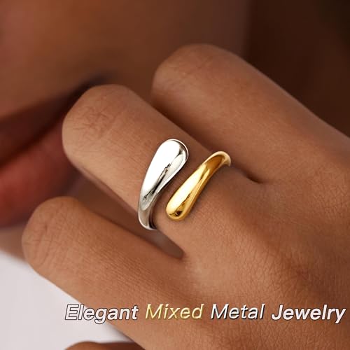 Non Tarnish Gold Chunky Rings for Women, 14K Gold Plated Statement Dome Rings Stacking Silver, Adjustable Mens Eternity Wedding Band Mixed Metal Jewelry Size 3-15 Half Size - color: Two Tone