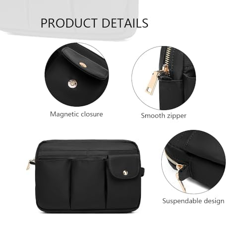 Storage Bag-arge Cosmetic Bag for Women Travel Makeup Bag Zip Up Bag Pure Cotton Canvas Can be Suspended (Nylon,Black) - color: Black