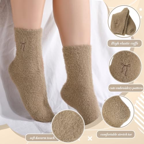 Geyoga 5 Pairs Fuzzy Bow Socks for Women Fluffy Slipper Gift - color: Neutral