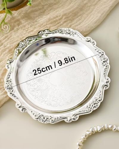 Round Decorative Tray 9.8in Metal Dessert Plates Vintage Coffee Table Tray for Snacks Fruit Silver - color: Silver, size: 9.8"