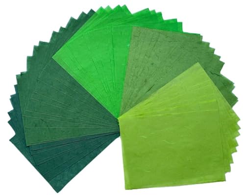 A5 50 Sheets Natural Fiber Mulberry Tree Mulberry Paper Sheets Art Tissue Washi Paper Design Craft Art Origami Suppliers Card Making 8.3" x 5.8". (Green Tone, A5) - color: Green Tone, size: A5