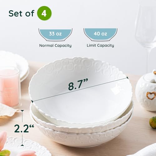 HOMBENE Heartbeat Pasta Bowls Set of 4, 40oz, Porcelain Wide and Shallow, Soup, Pasta, Noodle, Dinner, Large Salad Bowls Soup Bowl for Kitchen, Microwave & Dishwasher Safe (White) - color: White, size: 40oz