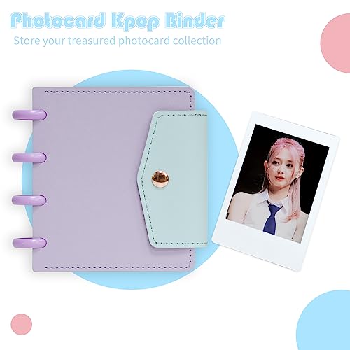 Photocard Binder 3 Inch Kpop Binder, Detachable Kpop Photocard Holder Book, Button Design Mini Photo Album, 20 Pockets Fits 40 Photocards (Purple) - color: Purple