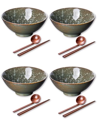Large Japanese Ramen Bowl Set of 4, Material Safety Ceramic Ramen Bowls with Matching Chopsticks and Spoons, 8 Inch 40oz Pho Bowls Ramen Noodle Bowl for Asian Udon Soup Salad Cereal(Green) - color: Greee-4 Bowl Set