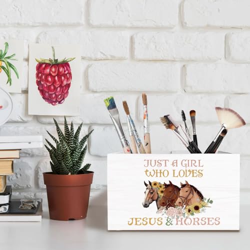 Floral Horse Christian Pen Holder for Desk, Horse Lover Gifts Pencil Organizer, Just a Girl Who Loves Jesus and Horses Wooden Box Sign Desk Decor for Girls Room Home Decoration - color: FLORAL HORSE