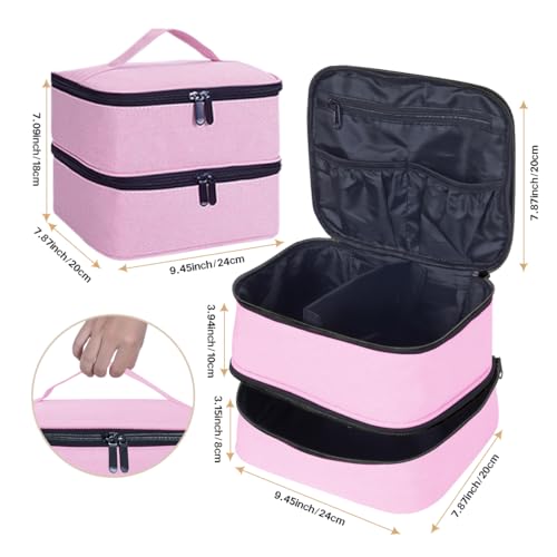 Double Layer Makeup Bag with Adjustable Dividers, Pink - color: Pink