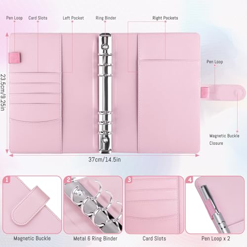 Antner A5 Binder 6 Ring Refillable Notebook Planner Cover for A5 Planner Inserts & Refill Paper, PU Leather Loose Leaf Budget Binder Personal Organizer Kpop Photocard Holder with Magnetic Buckle, Pink - color: Pink