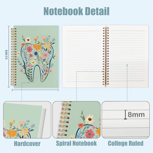 WUCHJ Dentist Gifts Notebook Journal, Dental Assistant Office Gifts for Women, Green Floral Tooth Dental Spiral Notebook Journal for Note Taking, Dentist Office Supplies, 5.5x8.3 Inch - color: green tooth flower