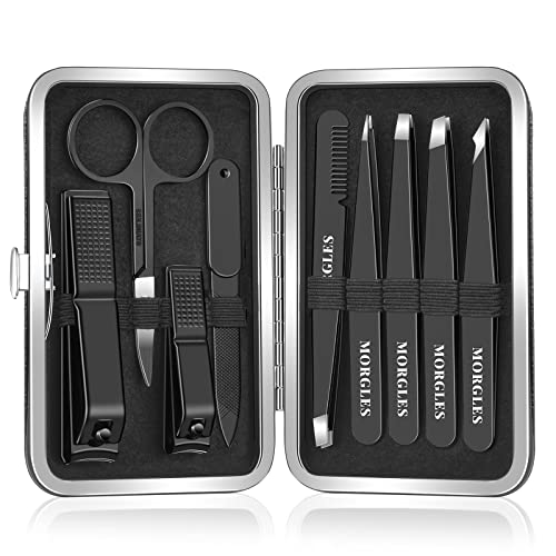 MORGLES Tweezers Set for Men 9 Pcs Nail Clipper Kit with Case for Grooming - color: B-black