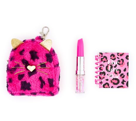 VOTUM Pink Leopard Keychain Charm for Backpacks, Purses, Handbags, Car Keys with Stationery Set - Includes Mini Notebook, Gel Pen, Eraser, Stickers - Fun Gift for Tweens & Adults Ages 8+ - style: Pink Leopard Cat