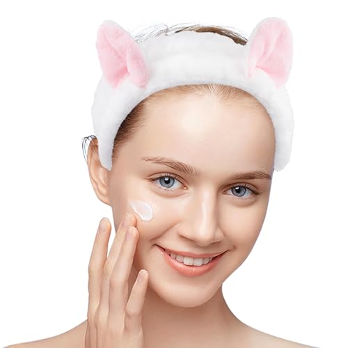 1 PCS Spa Headband Soft Stretch Cat Ears Headband for Makeup Skincare Soft Coral Fleece Face Wash Women Girls - color: White, size: 1 Count (Pack of 1)