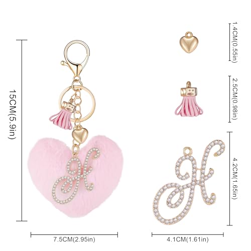 Initial Letter Heart Pom Pom Keychain for Women Pink Soft Fluffy Ball Key Ring for Purse Backpack Handbag - color: H