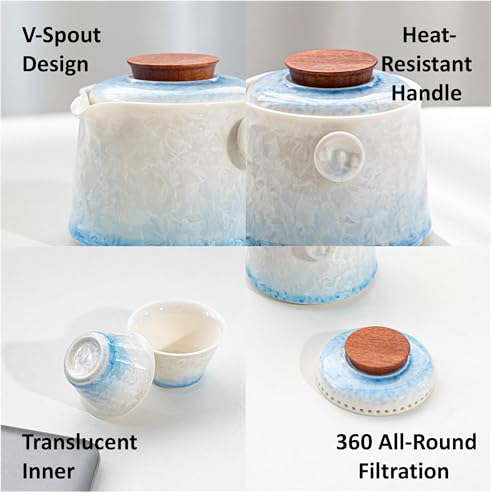 Hermit Life Chinese Travel Tea Set, Portable Ceramic Teapot for One to Two, Gongfu Tea Set with Crystal Glaze, 1 Pot 2 Cups, Gift for Tea Lovers (Icy Blue) - color: Icy Blue