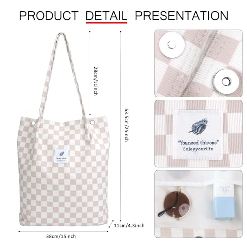 Ayieyill Corduroy Tote Bag for Women Canvas Shoulder Cord Purse with Inner Pocket - color: Pink/Grid