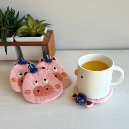 Humble Hilo Handmade Animal Felt Coaster Set of 4, Absorbent Coaster for Animal Lover (Funny Pig) - color: Funny Pig