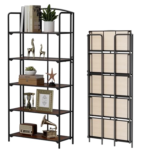 Crofy 5-Tier Wider Foldable Bookshelf, Black Frame & Walnut Shelves - color: Black Frame & Walnut Shelf, size: 5 Tier Wider