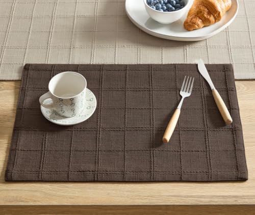 ZeeMart Linen Checked Farmhouse Placemats Set of 6, Chocolate 13x19in - color: Chocolate, size: Set of 6