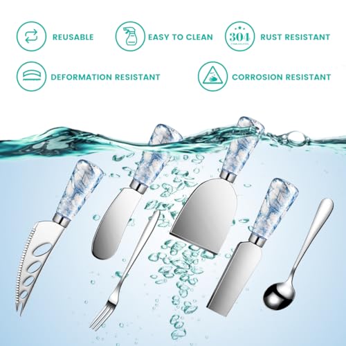 Marble Blue Cheese Knife Set, Ceramic Handle Charcuterie Board Accessories Butter Spreader Slicer Knife With Serving Tongs, Spoons, Forks, Flags Markers, Wooden Honey Dipper - color: Marble Blue