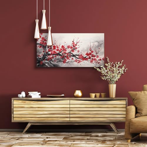 NAN Wind Asian Wall Art Traditional Chinese Decor Oriental Red Cherry Plum Blossom Canvas Pictures for Wall Decor for Living Room Landscape Artwork Framed Ready to Hang - color: Red-One Piece-1, size: 16"L x 8"W