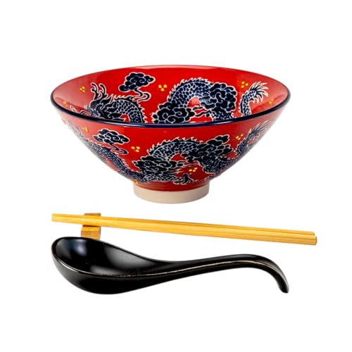 Urban Tokyo 24oz Large Ceramic Ramen Bowl Set with Chopsticks, Spoon & Bamboo Rest – Oriental Japanese Design, Microwave & Dishwasher Safe, Red Dragon - color: Red Dragon