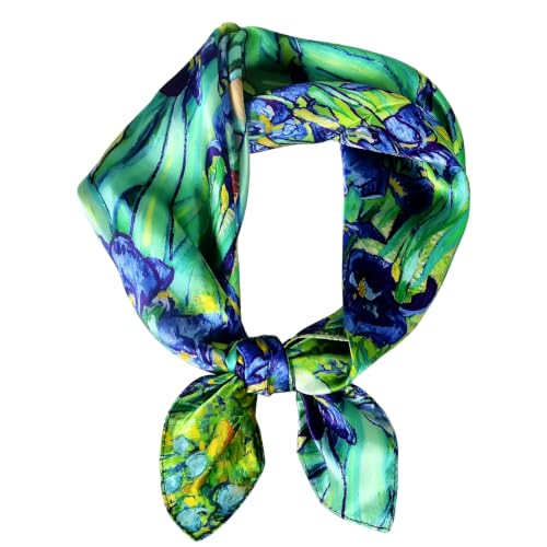 Women 100% Mulberry Silk Neck Scarf 21" Square Floral Neckerchief - color: Blue Green Iris