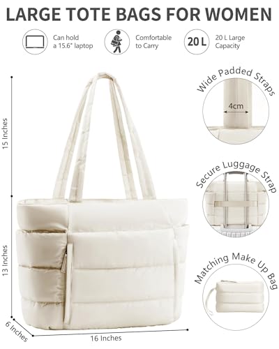 Bagstellar Puffer Tote Bag for Women, Lightweight Puffy Travel Gym Work Bag - color: Cream