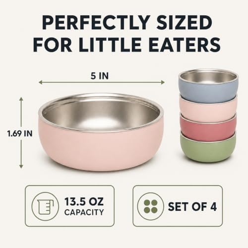Monkey Proof™ Non-Toxic Stainless Steel Child Bowl 5” with Non-Slip Silicone Shell, Multi-color, (Set of 4 bowls) Unbreakable, Mess Free Feeding for Babies, Toddlers, Kids, BPA free - color: Multicolor