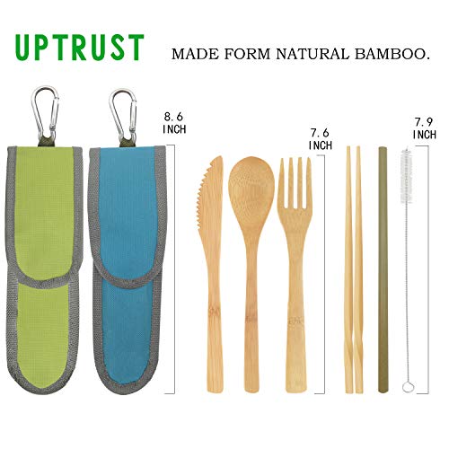 UPTRUST 2 Set Bamboo Cutlery Set Bamboo Travel Utensil Reusable Table cutlery Fork Knife Spoon Chopsticks Straw Cleaning Brush for Travel Picnic School Office（Skyblue& Green） - color: Skyblue& Green