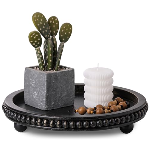 Black Round Wooden Tray for Decor, Rustic Farmhouse Centerpiece - color: Black