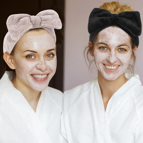 SPA Headbands for Washing Face Makeup Headbands with Bow Hair Band Women Facial Head Band Wrist Towel Wraps For Shower Face Mask Black Pink White, 12 Pack - color: Black Pink White