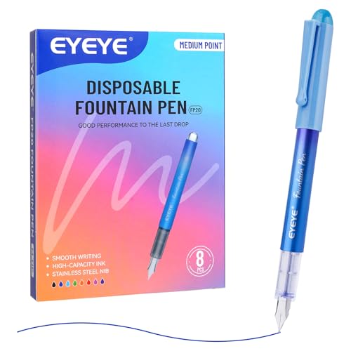 EYEYE Disposable Fountain Pens for Writing, Medium Point, Pack of 8 Black - color: Black