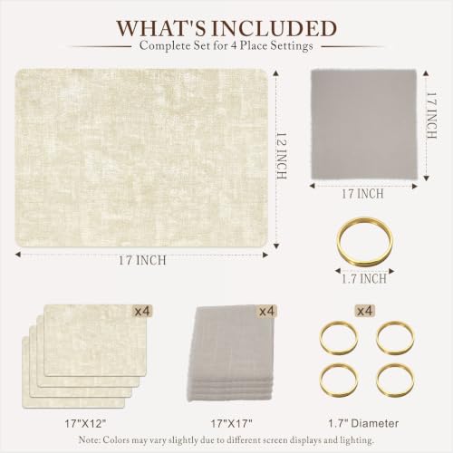 Placemats Set of 4 with Napkins and Rings - Washable Faux Leather Table Mat - color: Beige, size: Placemats Set of 4