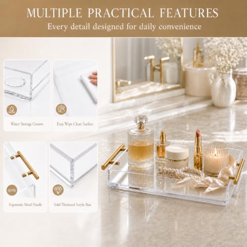 Clear Acrylic Tray 20x16” with Golden Metal Handles - Large Plastic Tray for Serving Guests, Countertop Organization, Ottoman Coffee Table & Vanity – Modern Decorative Tray for Home & Office - color: Golden Handles - Transparent, size: 20" x 16" x 2"
