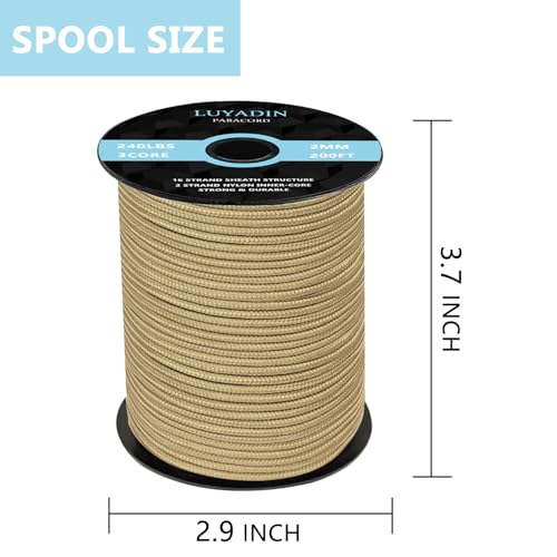 Paracord 240lb - Diameter 2mm Micro Utility Cord -3 Strand Parachute Spool Cord - 100ft 200ft,Paracord for Camping,Hiking,Fishing,Outdoor and DIY - color: Khaki, size: 200 ft
