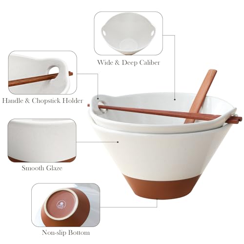 MALACASA 42 oz Ceramic Ramen Bowls with Chopsticks & Spoon, White & Khaki - color: Khaki White