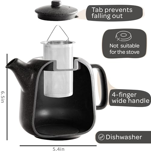 Steinzeit Design Tea Pot (44 oz) - Premium Ceramic Teapot with Infuser for Loose Tea - Black Teapot Ceramic with Removable Strainer - size: 44 oz without warmer