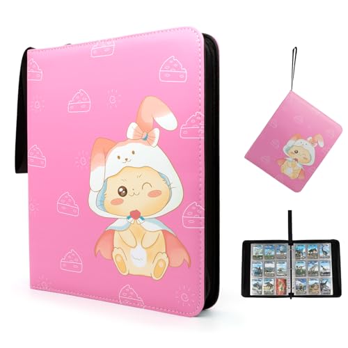 9 Pocket Card Binder - Premium Zip Trading Card Binder - 900 Double Sided Pocket PU Collection Binder - Gift for Girls (Pink Kitten 9-Pocket)