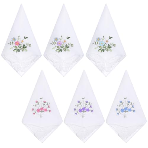 6Pcs White Handkerchief, Women's Handkerchief with Lace, Floral Embroidered Cotton Handkerchiefs with Bow Edge for Wedding, Bride, Party, Daily Use (11 inch)