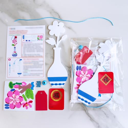 Winlyn 24 Sets Chinese New Year Decorations DIY Ming Vase with Flower Ornaments Craft Kits Peony Orchid Flower Foam Stickers Arts and Crafts for Kids Asian Oriental Classroom Activities Party Favors