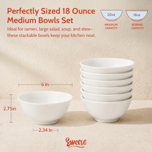 Sweese 18 oz Ceramic Soup Bowls Set of 6, White Pasta Bowls for Ramen, Salad, Noodles, Cereal and Soup, Stackable Serving Bowls for Everyday Meals - color: White, size: 18oz (Large)