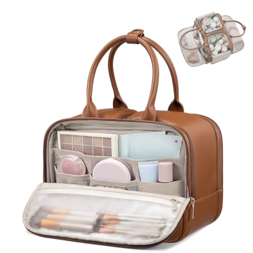 LOVEVOOK Large Makeup Bag for women, Leather Travel Toiletry Bag - color: Brown